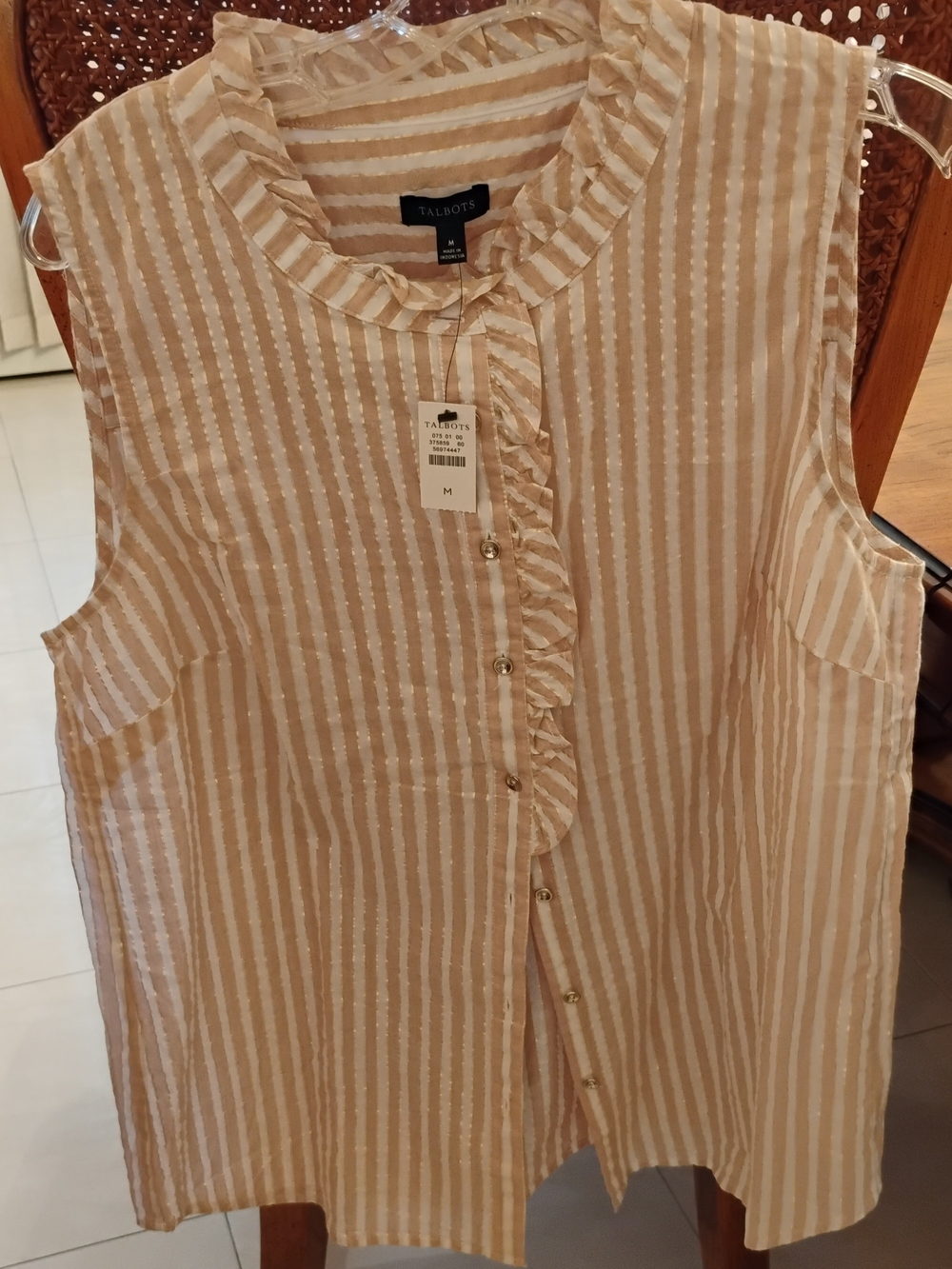Talbots Beige and White Striped Ruffle-Trim Sleeveless Top